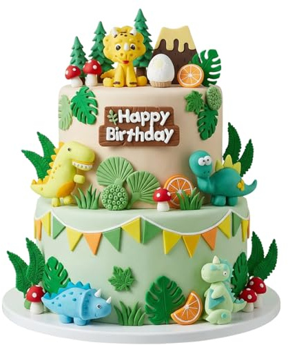 Knana 14Pcs Dinosaur Cake Toppers Dinosaur Eggs Cake Decorations with Happy Birthday Cake Topper for Safari Animal Birthday Party Supplies