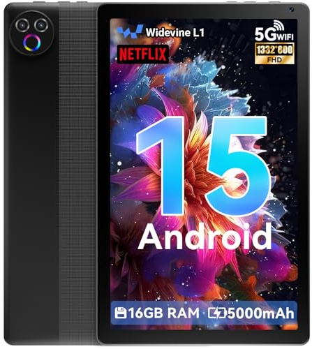 MUISOO Tablet 10 Inch Android 15, Tablets 16GB RAM 1TB Expandable, Android Tablet 1332 * 800 HD, 5G WiFi, BT5.4, 5MP Dual Camera, Tab PC 5000mAh Battery, GMS Widevine L1 (Black)