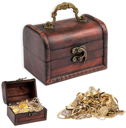 Kleine Schatztruhe Holz, Schatzkiste Kinder, 12x8.5x8.5cm Schatztruhe Klein | Vintage Schatztruhe Kindergeburtstag, Rotbraun Piratenkiste, Aufbewahrung für Schmuck, Münzen, Deko, Erinnerungsstücke