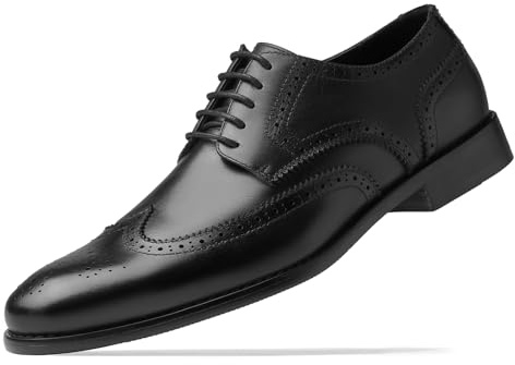 HEEZ Men's Dress Shoes Genuine Leather, Wingtip Oxford for Men Non Slip, Lace up Plain Toe Derby Dress Shoes for Formal, Business, Wedding, Office