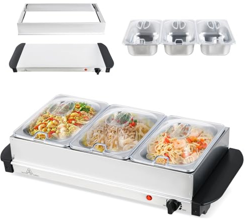 SOARS Chauffe Plat Electrique 200 W en Acier Inoxydable, 3,3L Chafing Dish, Buffet Chauffant 40-80℃, 3 Récipients & Couvercles, pour Fêtes, Mariages, Restaurants