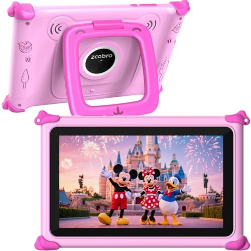 zcobro 7 Zoll Kinder Tablet mit Hülle, Android Tablet für Kinder, Quad Core Prozessor, 1024x600 HD-Display, 2GB RAM, 32GB ROM (256GB Erweiterbar), WiFi, Kamera & Lernfunktionen, Elternkontrolle, Rosa
