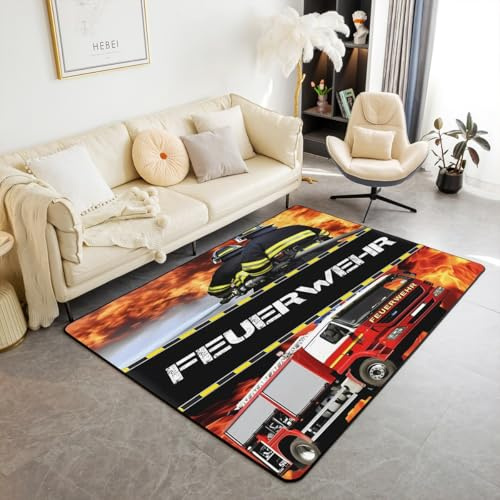 Homewish Feuerwehrmann Teppich Kinder Feuerwehr Auto Fahrzeug Teppiche Wohnzimmer für Jungen Mädchen Jugendliche,Feuerwehr Muster Carpet Modern Schlafzimmer Dekor 150x200 Pflegeleicht Bild