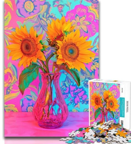 Puzzles pour Adultes Tournesols dans Un Vase 1000 pièces Puzzles pour Adultes et Adolescents, Difficiles avec des pièces entièrement emboîtables de Formes aléatoires 26x38cm