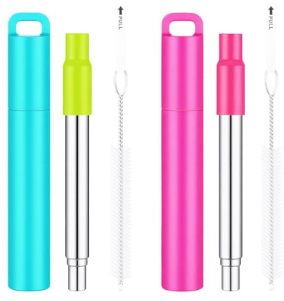 Lammcou Edelstahl Trinkhalme Set – Wiederverwendbare Teleskop Strohhalme mit Silikonspitze, Reinigungsbürste & Etui, Tragbar mit Karabiner, Metall Strohhalme für Reise, Kreuzfahrt & Alltag
