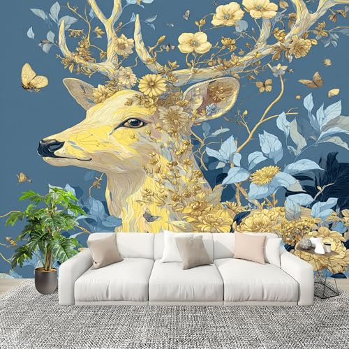 Genérico Papel Pintado Panorámico 200x142 cm Animales Ciervo Sika Personalizable Fotomurales No Tejido Póster Pared Decoración Azul 3D Duradero y Resistente a las manchas Fotomurales