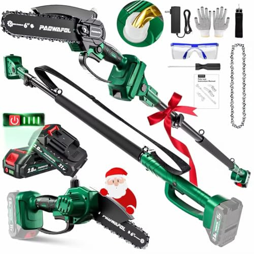 Paowafol 2-in-1 Pole Saws for Tree Trimming, Brushless Mini Chainsaw 6 Inch with Extension Pole, Electric Pole Saw with 2*2.0 Ah Battery Powered Pole Chainsaw, Electric Tree Trimmer for Branch Cutting