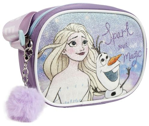 The Geeky Pop Bandolera infantil Elsa & Olaf con purpurina - Bolsa con cremallera con correa ajustable y pompón - Mini bolso para niña