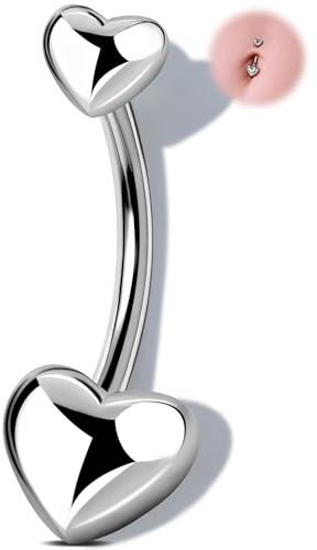 OUFER Anillo de ombligo G23 de titanio con rosca interna de 14G de doble punta con corazón, barra de vientre de 10/12/14/16 mm de largo, joyería de piercing de ombligo con barra curva minimalista para