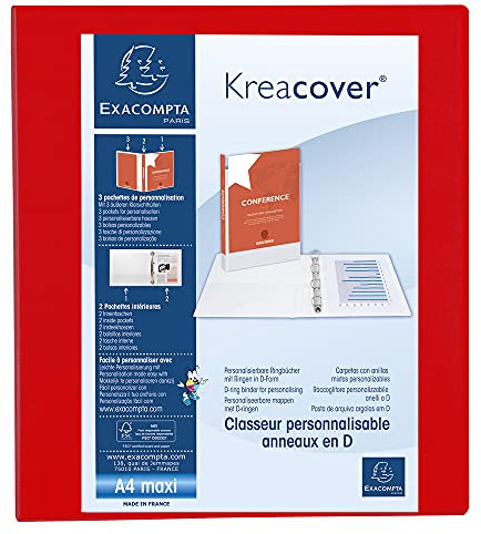 Exacompta 51844RE Präsentationsringbuch KreaCover aus blickdichtem Kunststoff für DIN A4, 4-D Ring Mechanik 50 mm, Rücken 75 mm, rot ideal für Schule und Büro Ringhefter Ringordner Ringbuchordner