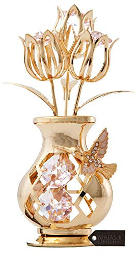 Beautifully Crafted Tulips In A Vase Table Top Ornament Dipped In 24k Gold Plating Made with Genuine Matashi Crystals (Hummingbird, Pink Crystal)