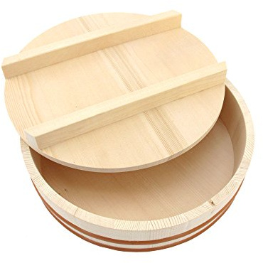 BambooMN, Hangiri-Schüssel mit Deckel für Sushi-Oke-Reiszubereitung, 1 Stück, holz, natur, 11.8-inch