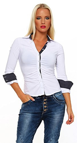 Fashion4Young 4862 Taillierte Langarm Businessbluse Damen Bluse Hemdbluse Business Citylook (M=38, Weiss)