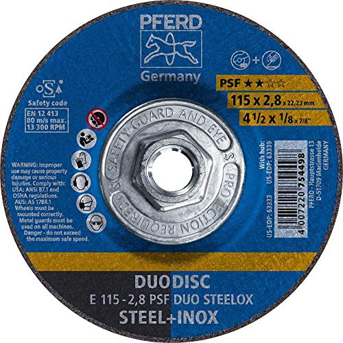 PFERD 63339 Duodisc Kombi-Schneid-/Schleifscheibe, Typ 27, Aluminiumoxid A, 10,2 cm Durchmesser x 0,8 cm Dicke, 5/8-11 Zoll Gewinde, 13300 max U/min, 10 Stück