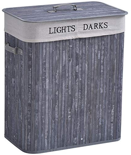 HOMCOM Bambus Wäschekorb mit Deckel 100 L Wäschesammler mit PU-Griffen, Wäschesack aus Segeltuch, Laundry Baskets Wäschesortierer für Waschküche Schlafzimmer Badezimmer Grau