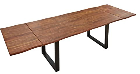SAM Esstisch Norina 140(220) x90 Akazie Nougat Baumkante U-Gestell schwarz | Baumkantentisch massiv, Akazienholz nougatfarben lackiert, ausziehbar, inkl. 2 Ansteckplatten, Metallgestell, Esszimmertisch