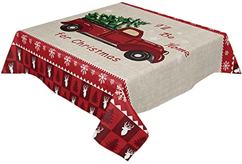 Chic D Square/Round Tablecloth 54x54inch, Xmas Farmhouse Red Truck, Vinyl Table Covers Waterproof Oilcloth Table Cloth Linens, Tablecloths for Outdoor Dining Party, Christmas Tree