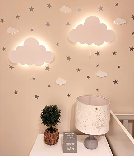 Happy Woody Juego de 2 luces de pared en forma de nube para iluminación de guardería/habitación del bebé/decoración de pared de habitación de niños/luz nocturna para niños/luz LED blanca cálida