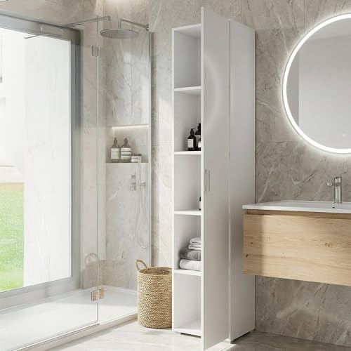 Dmora Armadio Multiuso 1 Anta Aquilegia 45x195h cm Bianco 4 Ripiani Un'anta, 5 Vani Made in Italy