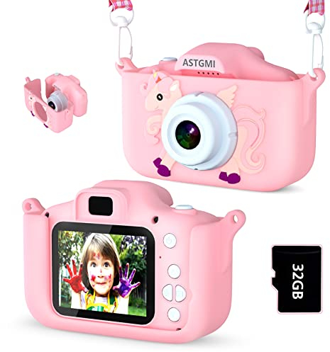 ASTGMI Macchina Fotografica Bambini, 12MP Mini Ricaricabile Fotocamera Digitale Bambina Videocamera Regalo per Ragazze Ragazzi 3-10 Anni, con Scheda 32 GB, Regali Giocattolo di Natale & Compleanno