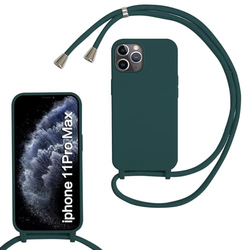 MBSLFY Silikon Handykette für iPhone 11 Pro Max Hülle mit Band,Silikon Necklace Handyhülle mit Abnehmbar Kordel zum Umhängen Stossfest Bumper Handy Schutzhülle für iPhone 11 Pro Max, Dunkel grün