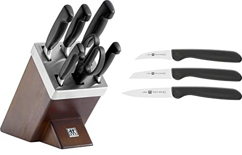ZWILLING Selbstschärfender Messerblock, 7-tlg., Holzblock, Messer und Schere aus rostfreiem Spezialstahl/Kunststoff-Griff, Vier Sterne & Gemüsemesser-Set, 3 tlg., Kunststoffgriff, schwarz