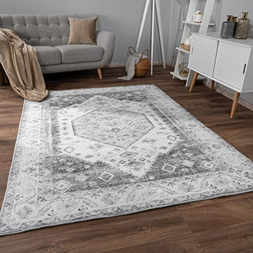 Paco Home Teppich Wohnzimmer Schlafzimmer Kurzflor rutschfest Weich Vintage Orientalisch Mandala Modern Bordüre Ornament, Grösse:80x150 cm, Farbe:Grau 2