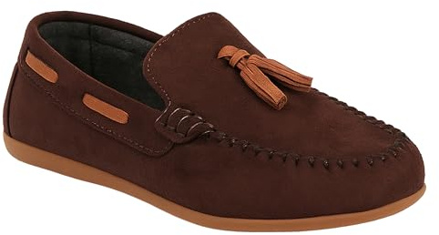 Pojkar fuskmocka Slip On Loafer bröllop klassisk smart casual mockasin platta skor, Brun, 11.5 UK