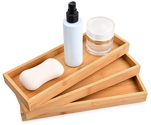 Elitecran 3 Pcs Bamboo Tea Serving Tray, Decorative Multi Use Bathroom Counter Tray with Edges Bamboo Vanity Tray for Dresser Counter Food Coffee Tea Snack Tissues Candles, 11 x 4 Inch, Yellow