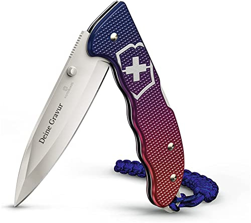 Victorinox Taschenmesser Evoke Alox mit Gravur auf der Klinge Griff I Geschenk für Männer Frauen I zum Geburtstag I Schweizer Taschenmesser personalisiert mit 5 Funktionen (Blue-red)