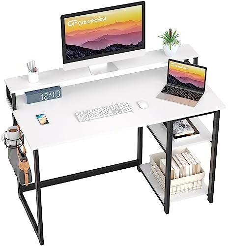 GreenForest 120 x 55 cm Schreibtisch Weiß mit Regal und Monitorständer, Kleiner Sekretär Schreibtisch Weiss, Bürotisch für Home Office, Weiß