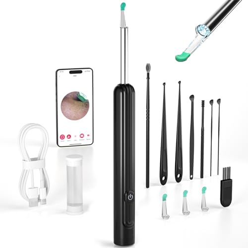 Ear Wax Removal Tool Camera, Ear Cleaner with Camera, Ear Wax Removal Kit with 1296P Camera, Ear Cleaning Kit, Ear Camera Otoscope with Light for iPhone, iPad, Android Phones - Black