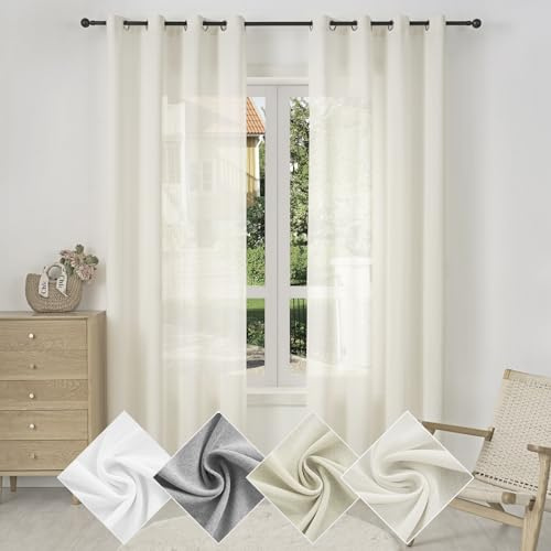 WOLTU Gardinen mit Ösen Leinenoptik Vorhang halbtransparent 135x245cm Creme | Ösenschal und Dekoschal für Wohnzimmer Schlafzimmer, moderne Stores mit weichem Licht 245cm Lang（1 Stück）