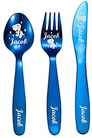 Juego de 3 cubiertos personalizados de dinosaurios para niños con patrones y nombres personalizados, cubiertos de acero inoxidable, utensilios seguros para niños pequeños, ideal para la cocina y el