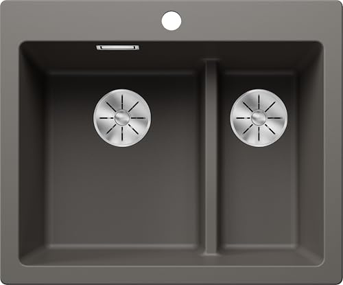 BLANCO PLEON 6 Split, Fregadero de granito de color gris silcán, instalación desde arriba, lavabo principal a la izquierda, para armarios inferiores de 60 cm de ancho, concepto dividido: puente bajado