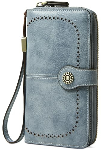 TFKGS Wallet for Women RFID Blocking Leather Large Capacity Credit Card Holder Ladies Phone Clutch Travel Long Wallets Purse Wristlet Blue