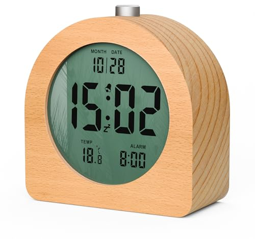 HOMVILLA Sveglia Digitale in Legno, Sveglia da Comodino LCD con Funzione Snooze, Sveglia Digitale da Comodino con Visualizzazione di Data e Temperatura(3 Batterie AAA Incluse)