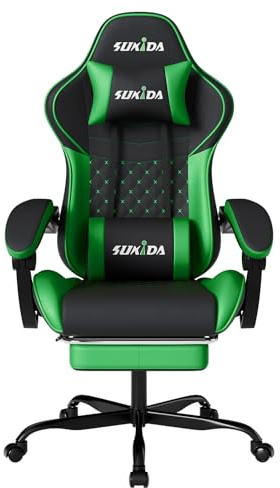SUKIDA Gaming Stuhl, Ergonomischer Gaming-Stuhl mit Fußstütze, Racing Gamer Chair 90-135° Rückenlehne einstellbar, Computerstuhl Höhenverstellbar Lendenwirbelstütze, Blackgreen