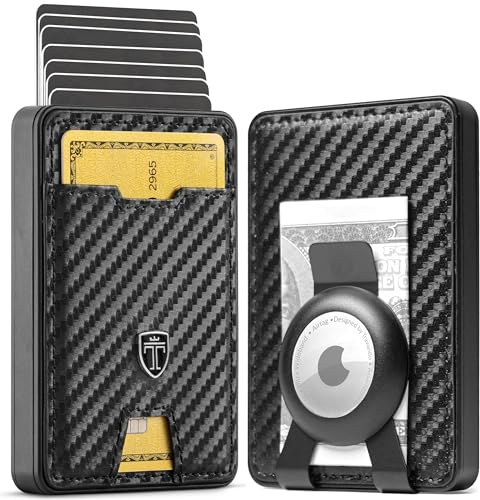 TRAVANDO SWYPE Aluminium Pop-Up Wallet mit AirTag Halter für 6-7 Karten - Geldbörse für Herren mit RFID Schutz - Geldbeutel mit Geldklammer - Kartenetui mit Geldspange (Kunstleder, Carbon)