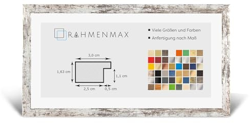 RahmenMax® Morena Bilderrahmen Holz 33x98 cm zum Aufhängen/Bilderrahmen Maßanfertigung möglich/MDF Posterrahmen/Bilder Rahmen in Weiss Vintage mit 1mm klarem Acrylglas/Puzzle Rahmen