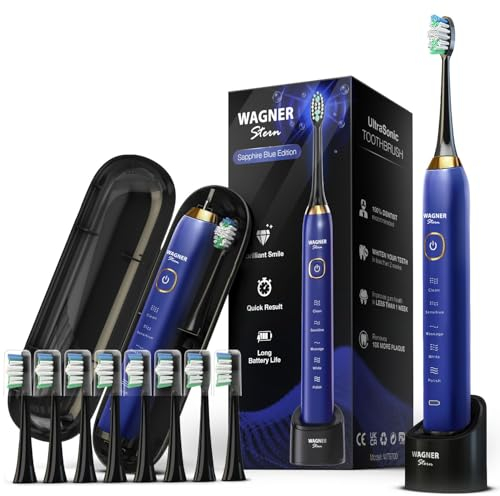 Wagner Stern Sapphire Blue Edition ultrasonic whitening Electric Toothbrush Features Five Brushing Modes, Eight Soft Brush Heads, and a Luxurious Travel case.