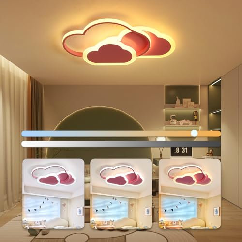 Plafoniera LED 32W Lampada da Soffitto per Camera dei bBambini, Lampada Nuvola Creativa,Lampade LED da Soffitto Dimmerabili con Telecomando 3000K-6000K, 42CM Rosa Lampada da Soffitto a LED per Soggio