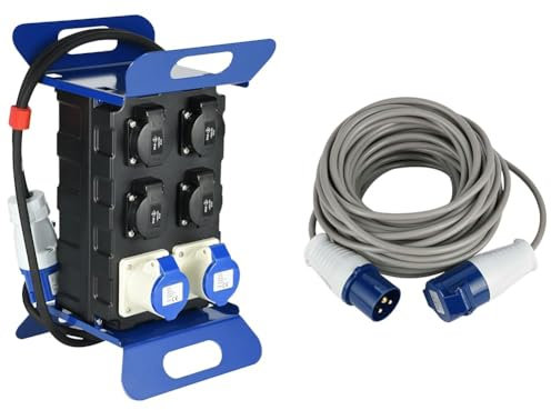 Electraline 60429 Quadro Elettrico di Distribuzione 4 prese Schuko, 2 Prese Industriali CEE & 46148 Prolunga 20 mt Presa Industriale Spina IEC 3 poli Adatta per Camper, Campeggio