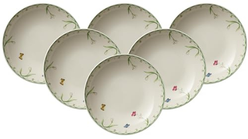 Villeroy & Boch Colourful Spring Schale flach 6er Set, 24 cm, Runde Schüssel mit Schmetterlingen- & Blumen-Dekor, Premium Porzellan, Bunt