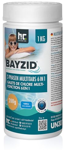 1 kg Bayzid Chlor Multitabs 6 in 1-200g Chlortabletten - 2 Phasen Wirkung zur Schockchlorung & Langzeitpflege - Desinfektion, Algenverhütung, Trübungsentfernung, Kalkvermeidung, pH-Wert