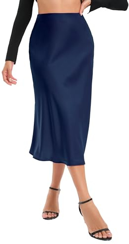 Timuspo Jupe midi en satin pour femme - Élégante - Longue - Taille haute - Couleur unie - Jupe midi ligne A - Jupe d'été avec élastique dissimulé et fermeture éclair, bleu marine, L