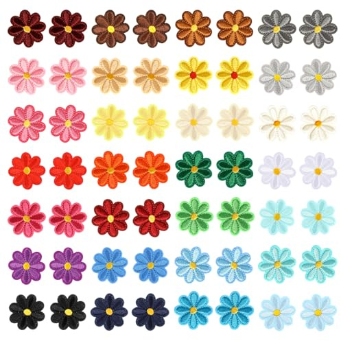 Oruola 56 Stück Bügelbilder Blumen,Bügelpatches Blume,Patches zum Aufbügeln Blumen,Blume zum Aufbügeln für Kleid, T-Shirt, Jacke, Mütze, Schuhe, Pullover, Tasche,28 Farben(4 x 4cm)