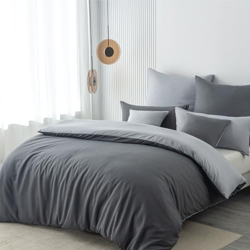 Nesture Bettwäsche 200x220 3teilig Mikrofaser, Anthrazit/Grau | 1x Bettbezug 200x220 + 2x Kissenbezug 80x80 mit Reißverschluss, Bettwäsche-Sets Wendebettwäsche, weich & bügelfrei