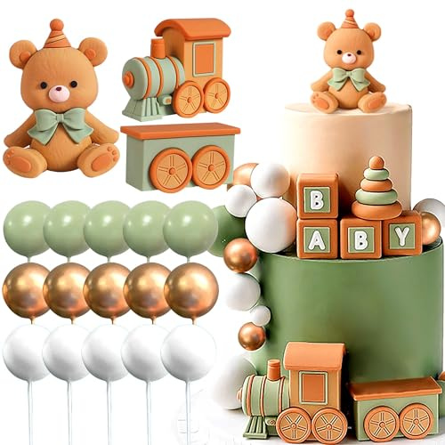 Roaring Good Time oso verde salvia decoracion de pastel babybear natural babyshower cake topper osos tren decoracion de pastel babyshower cumpleaños decoracion de pastel
