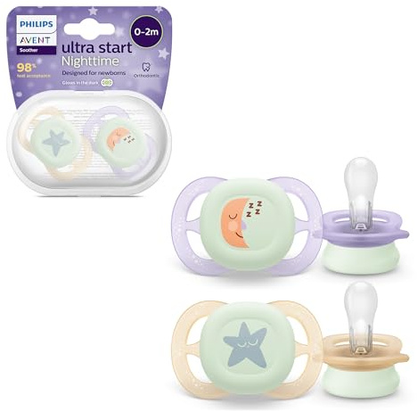 Philips Avent Ultra Start Nighttime, chupetes para recién nacidos de 0 a 2 meses, brillan en la oscuridad, tetina de silicona, sin BPA, con funda de transporte/esterilización, paquete de 2, SCF075/07